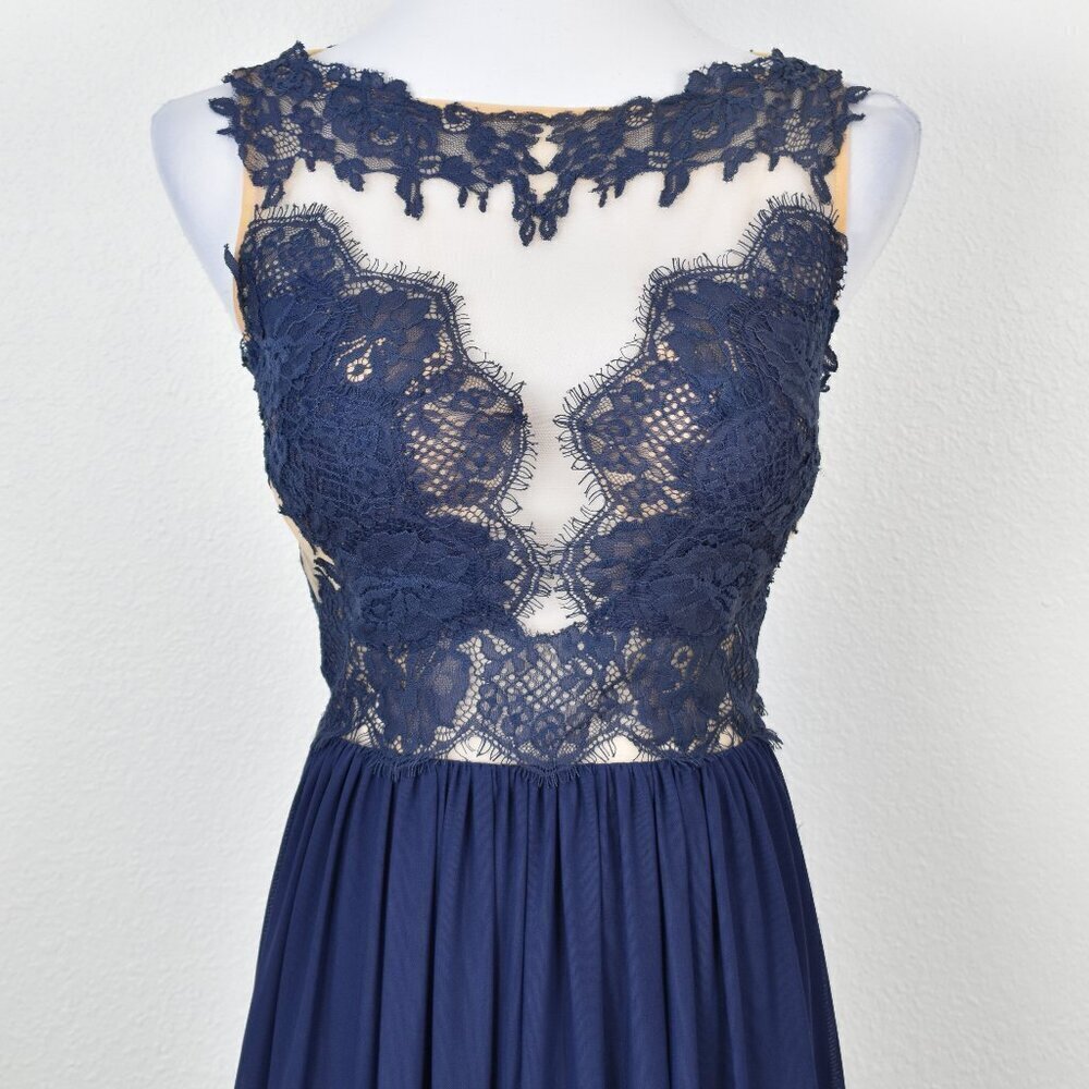Sherri Hill 5207 Navy Blue Lace Illusion Open Back Gown - 12 - Picture 2 of 14